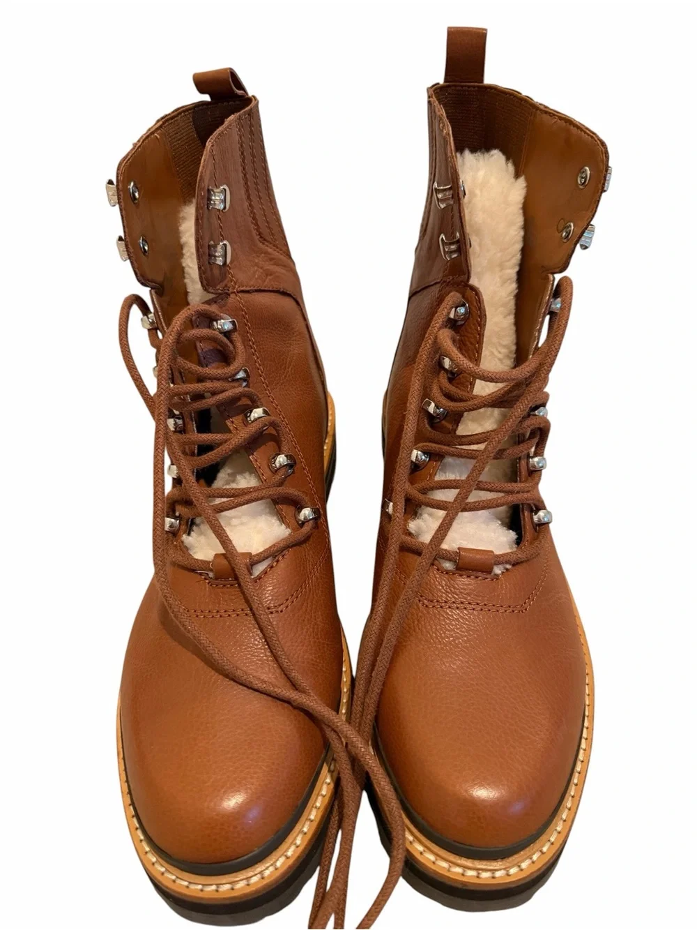 Marc Fisher Tan Brown Leather Lace-Up Shearling Ankle Boots